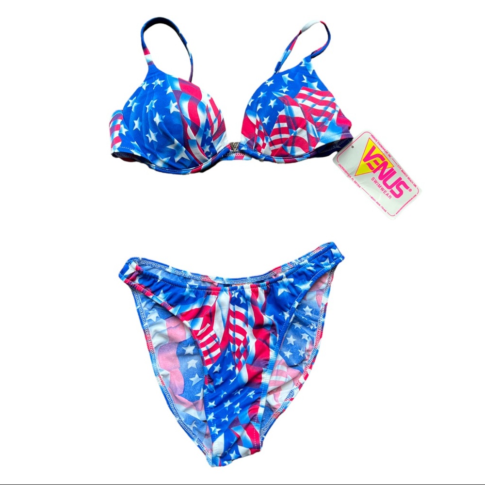 VTG RARE NWT DEADSTOCK 90's VENUS Swim American Flag USA PRIDE Bikini B Cup/M